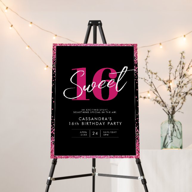 Black Pink Glitter Sweet Sixteen Birthday Party Foam Board (In Situ (Stand))