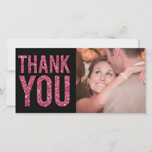 Black & Pink Glitter Thank You Photo Cards (Front)