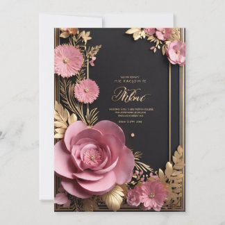 Black pink gold 3d floral wedding card