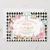 Black Pink Gold Alice in Onederland Birthday Tea Invitation (Front)