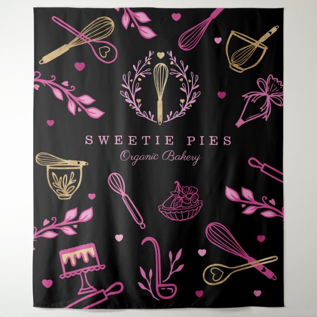 Black, Pink & Gold Baking & Cooking Utensil Bakery Tapestry