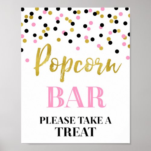 Black Pink Gold Confetti Popcorn Bar Sign