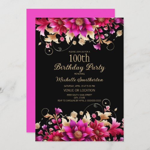 Black Pink Gold Floral 100th Birthday Party Invitation