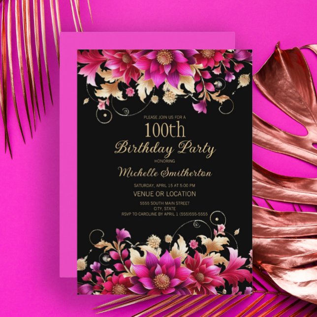 Black Pink Gold Floral 100th Birthday Party Invitation (Black, fuchsia, gold floral 100th birthday party invitation)