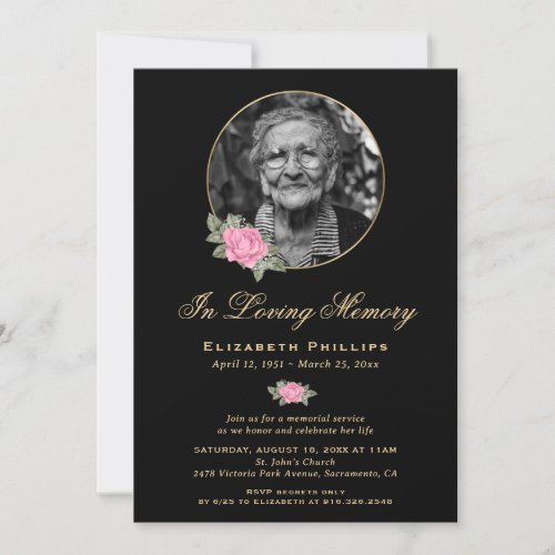 Black Pink Gold Floral Photo Memorial Service Invitation
