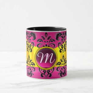 BLACK PINK GOLD FUCHSIA DAMASK GEMSTONE MONOGRAM MUG