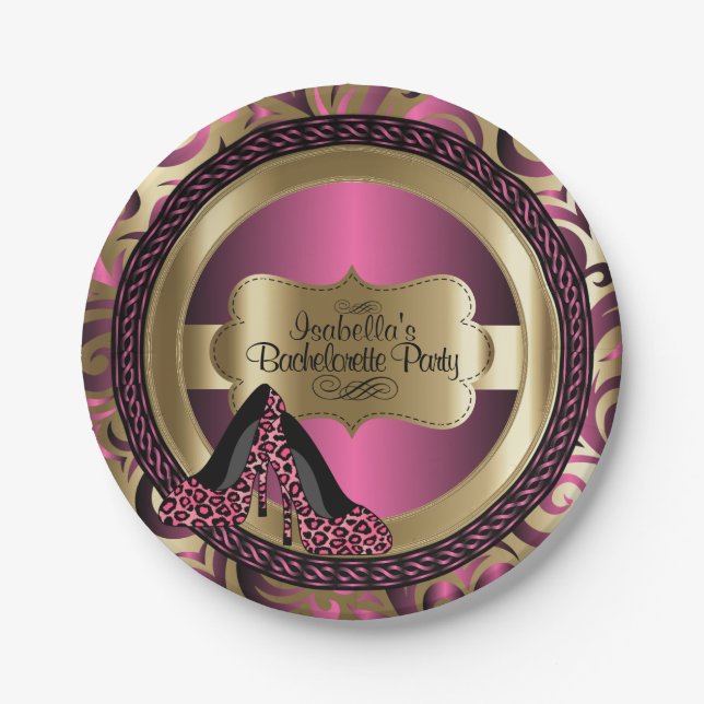Black, Pink & Gold Metallic - Bachelorette Party Paper Plates (Front)