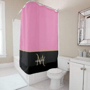 Black Pink & Gold Monogram Elegant Luxury Shower Curtain