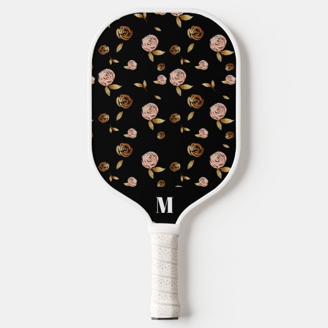 Black Pink Gold Rose Pattern | Modern Monogram Pickleball Paddle (Front)