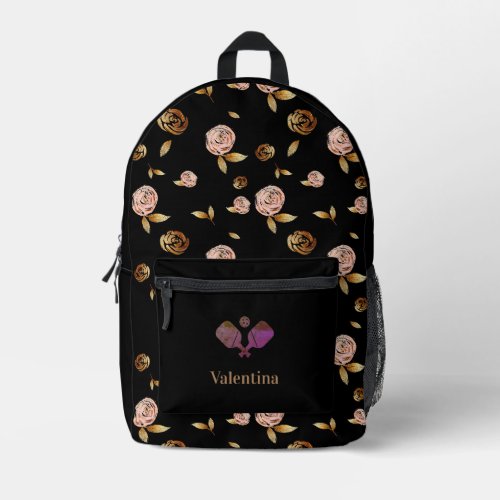 Black Pink Gold Rose Pattern Modern Pickleball Printed Backpack