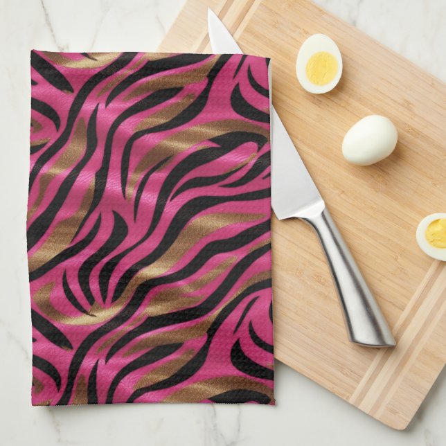 Black Pink Gold Zebra Stripes Animal Print Pattern Kitchen Towel (Quarter Fold)