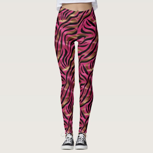 Black Pink Gold Zebra Stripes Animal Print Pattern Leggings (Front)