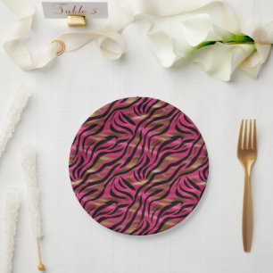 Black Pink Gold Zebra Stripes Animal Print Pattern Paper Plates