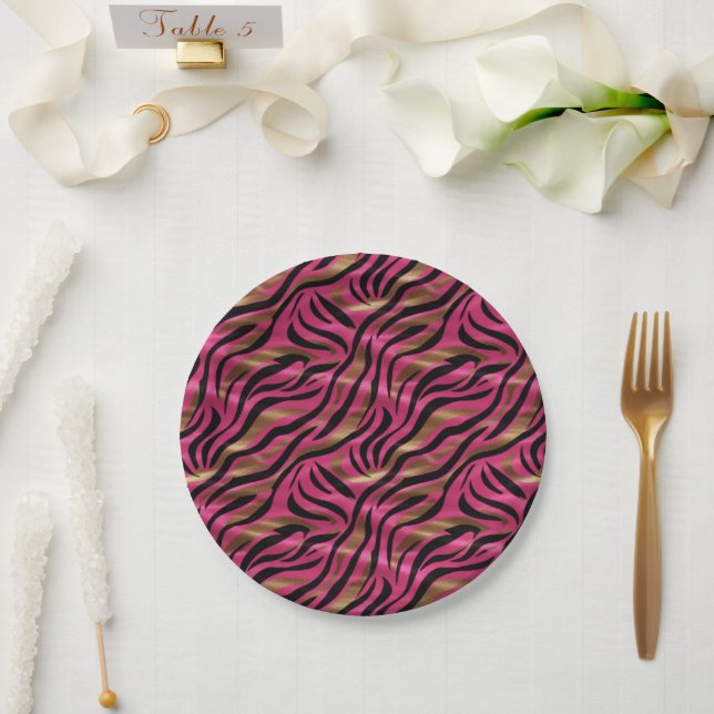 Black Pink Gold Zebra Stripes Animal Print Pattern Paper Plates (Wedding)