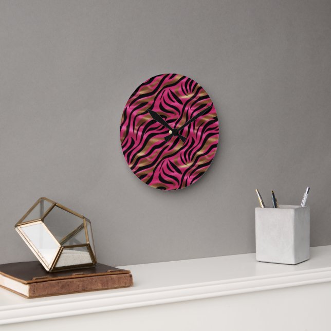 Black Pink Gold Zebra Stripes Animal Print Pattern Round Clock (Office)