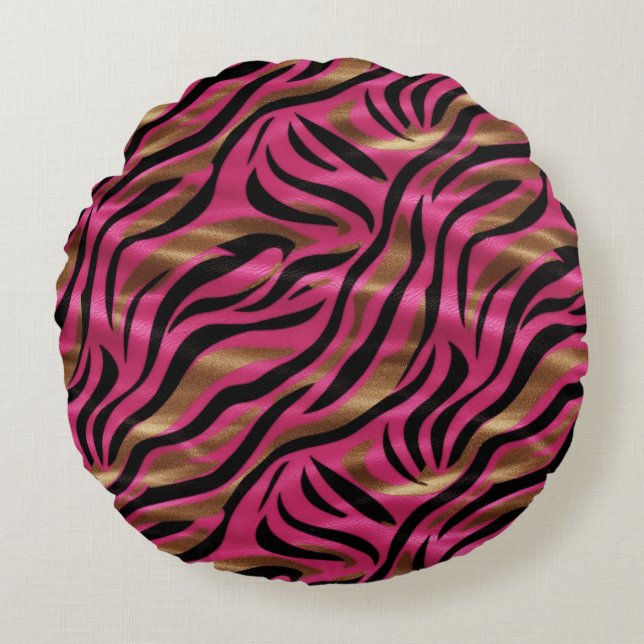 Black Pink Gold Zebra Stripes Animal Print Pattern Round Pillow (Front)