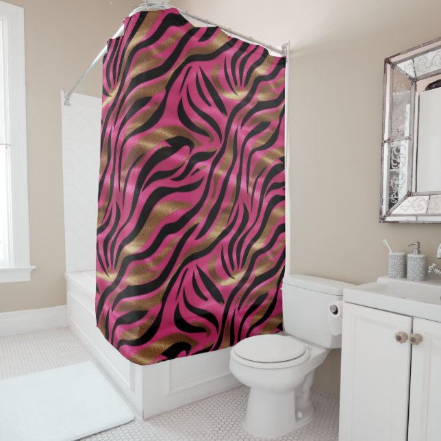 Black Pink Gold Zebra Stripes Animal Print Pattern Shower Curtain (In Situ)