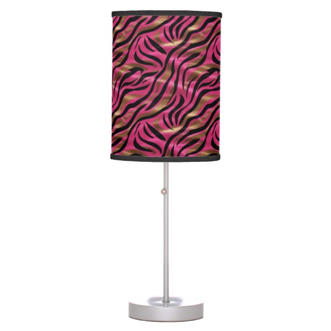 Black Pink Gold Zebra Stripes Animal Print Pattern Table Lamp (Front)