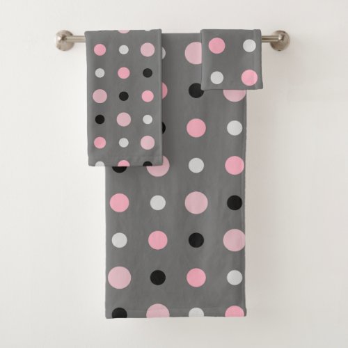 Black pink gray and white dots bath towel set