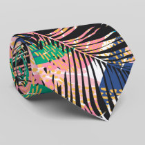 Black Pink Green White Tropical Plants Neck Tie