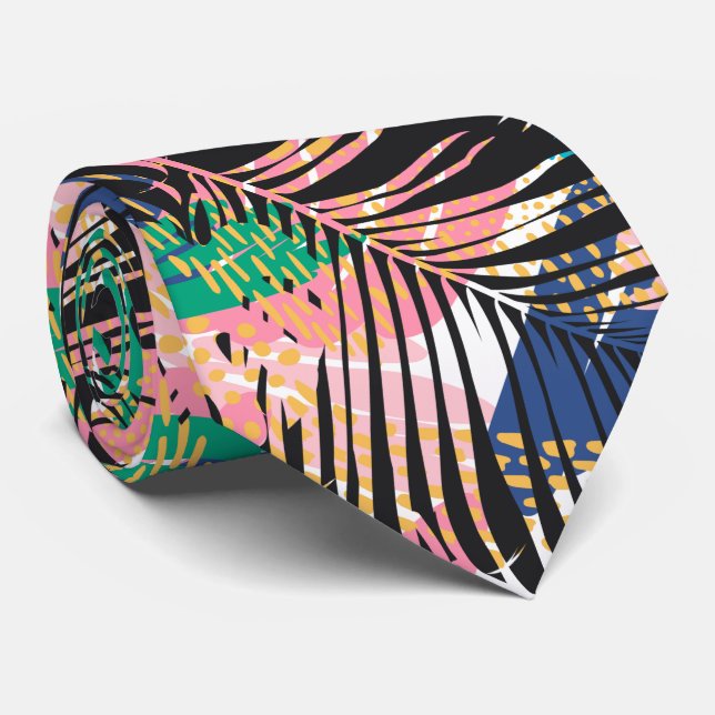 Black Pink Green White Tropical Plants Neck Tie (Rolled)