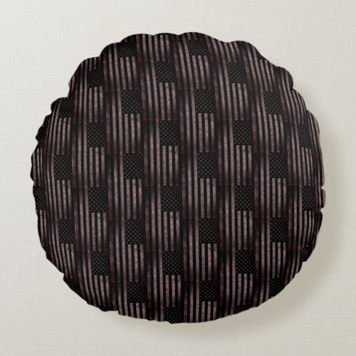 Black Pink Grunge Vintage American Flag Pattern Round Pillow
