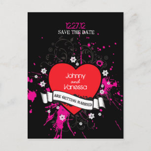 Black & Pink Grungy Heart Music Themed Wedding Announcement Postcard