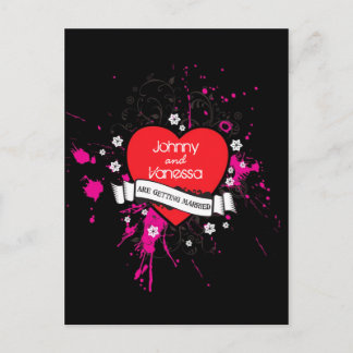 Black & Pink Grungy Heart Music Themed Wedding Announcement Postcard