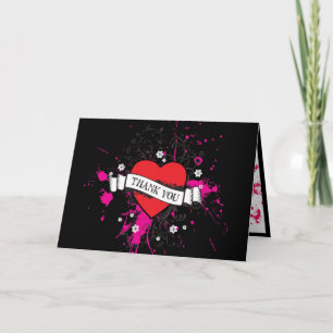 Black & Pink Grungy Heart Music Themed Wedding Letterpress Thank You Card