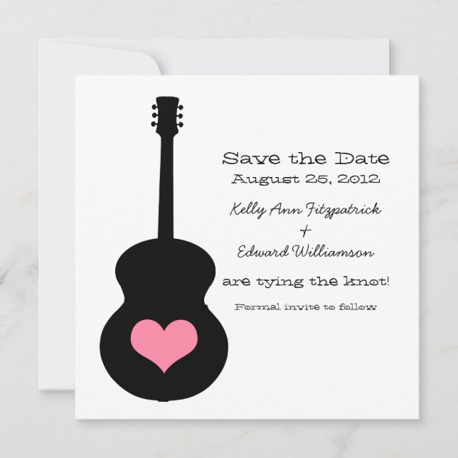 Black/Pink Guitar Heart Save the Date Invite (Front)