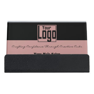Black & Pink Hair Salon Logo Motto QR Code Desk Business Card Holder