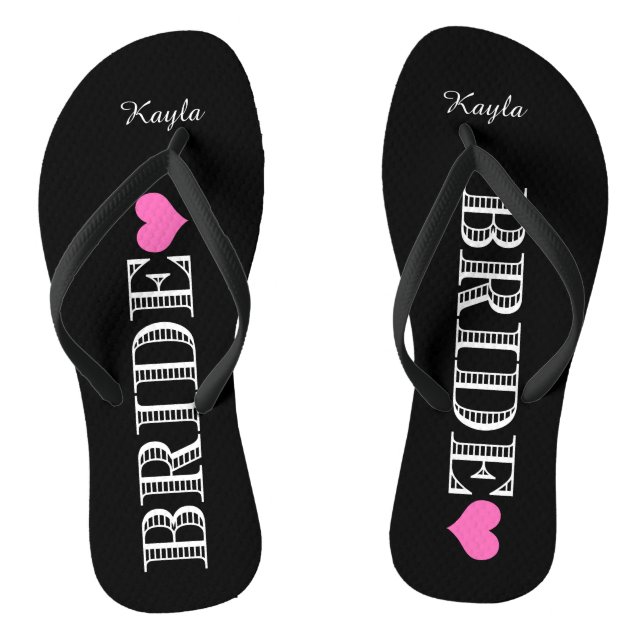 Black/Pink Heart Bride's Flip Flops (Footbed)