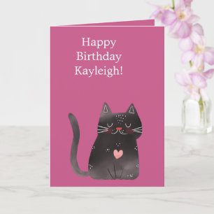 Black Pink Heart Cat Birthday Card