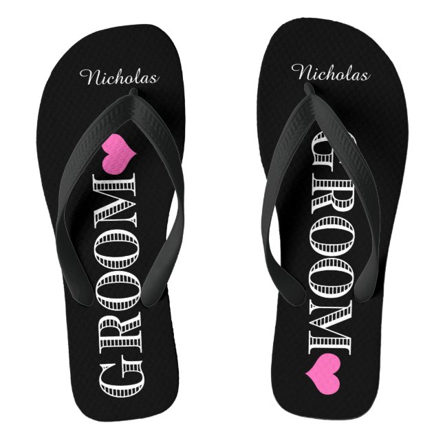 Black/Pink Heart Groom's Flip Flops (Footbed)