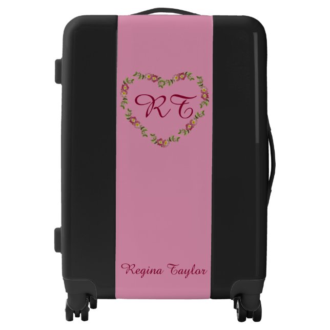 Black & pink heart wreath monogram luggage trolley (Front)