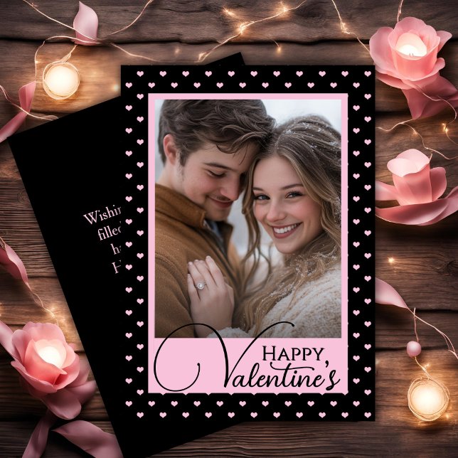 Black & Pink Hearts Happy Valentine's Custom Photo Holiday Card (Black & Pink Hearts Happy Valentine's Custom Photo Holiday Card)