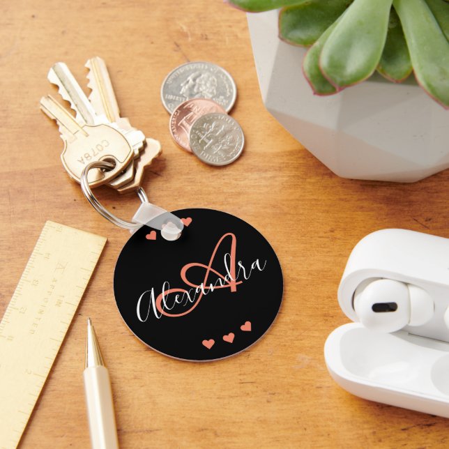Black Pink Hearts Script Monogram Sweet 16 Keychain (Desk)