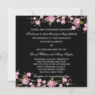 Black Pink Japanese Cherry Blossoms Wedding Invitation