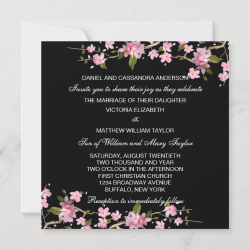 Black Pink Japanese Cherry Blossoms Wedding Announcements
