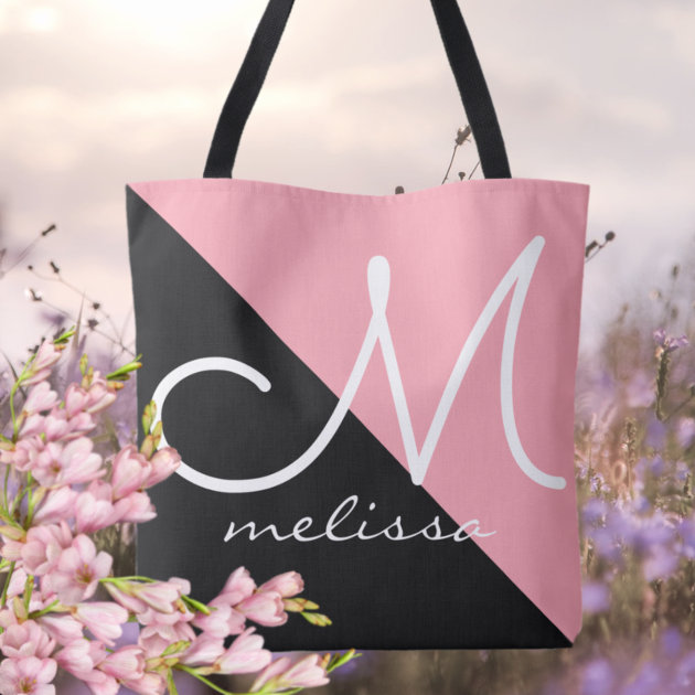 Black & Pink Large Tote Bag With Name Monogram | Zazzle