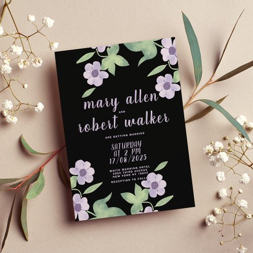 Black pink lavender green floral spring wedding invitation