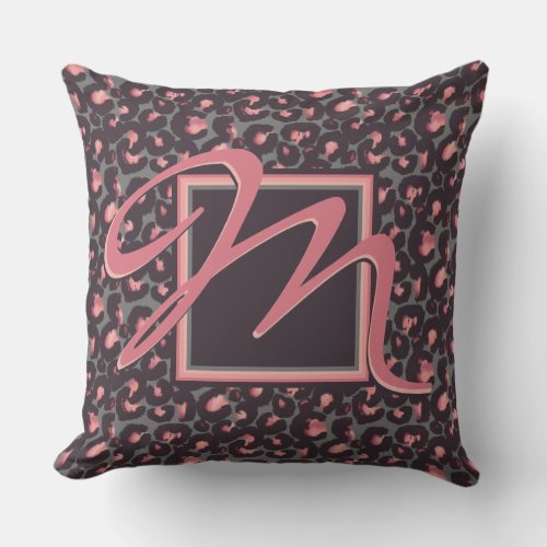 Black Pink Leopard Animal Print Modern Monogram Throw Pillow