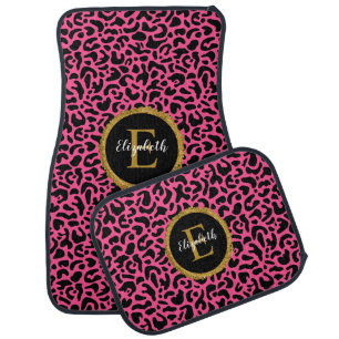 Black Pink Leopard Print Monogram Car Floor Mat