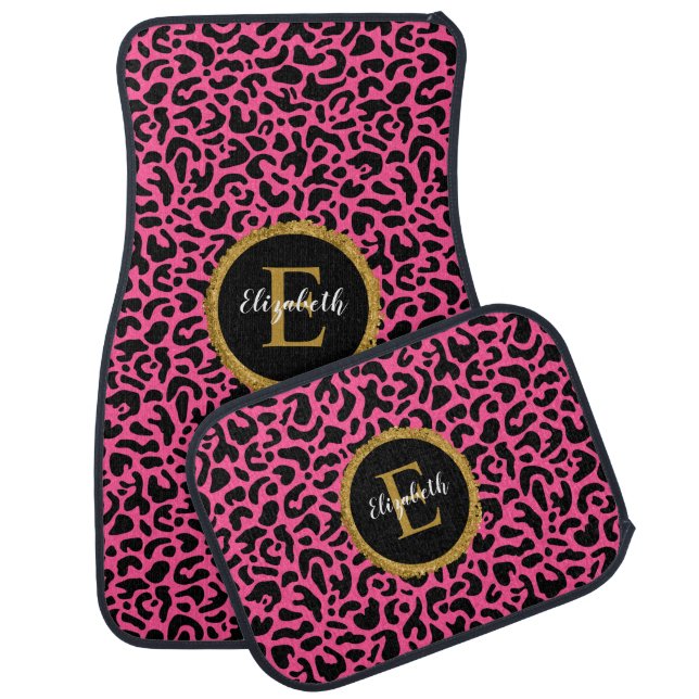 Black Pink Leopard Print Monogram Car Floor Mat (Set)