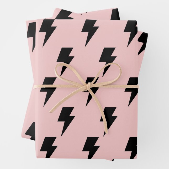 Black Pink Lightning Y2K Indie Bold Gifts Wrapping Paper Sheets (In situ)