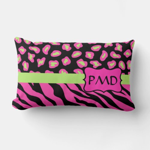 Black Pink  Lime Green Zebra  Cheetah Skins Lumbar Pillow