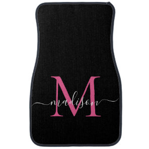Black Pink Magenta Monogram Elegant Girly Script Car Floor Mat