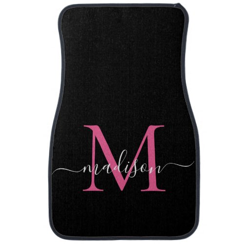 Black Pink Magenta Monogram Elegant Girly Script Car Floor Mat