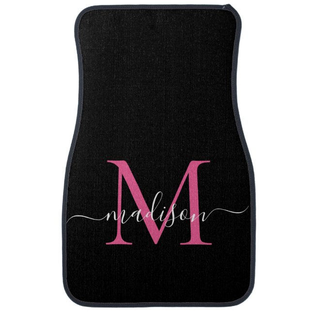 Black Pink Magenta Monogram Elegant Girly Script Car Floor Mat (Front)