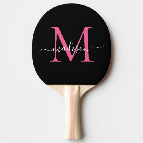 Black Pink Magenta Monogram Elegant Script Name Ping Pong Paddle